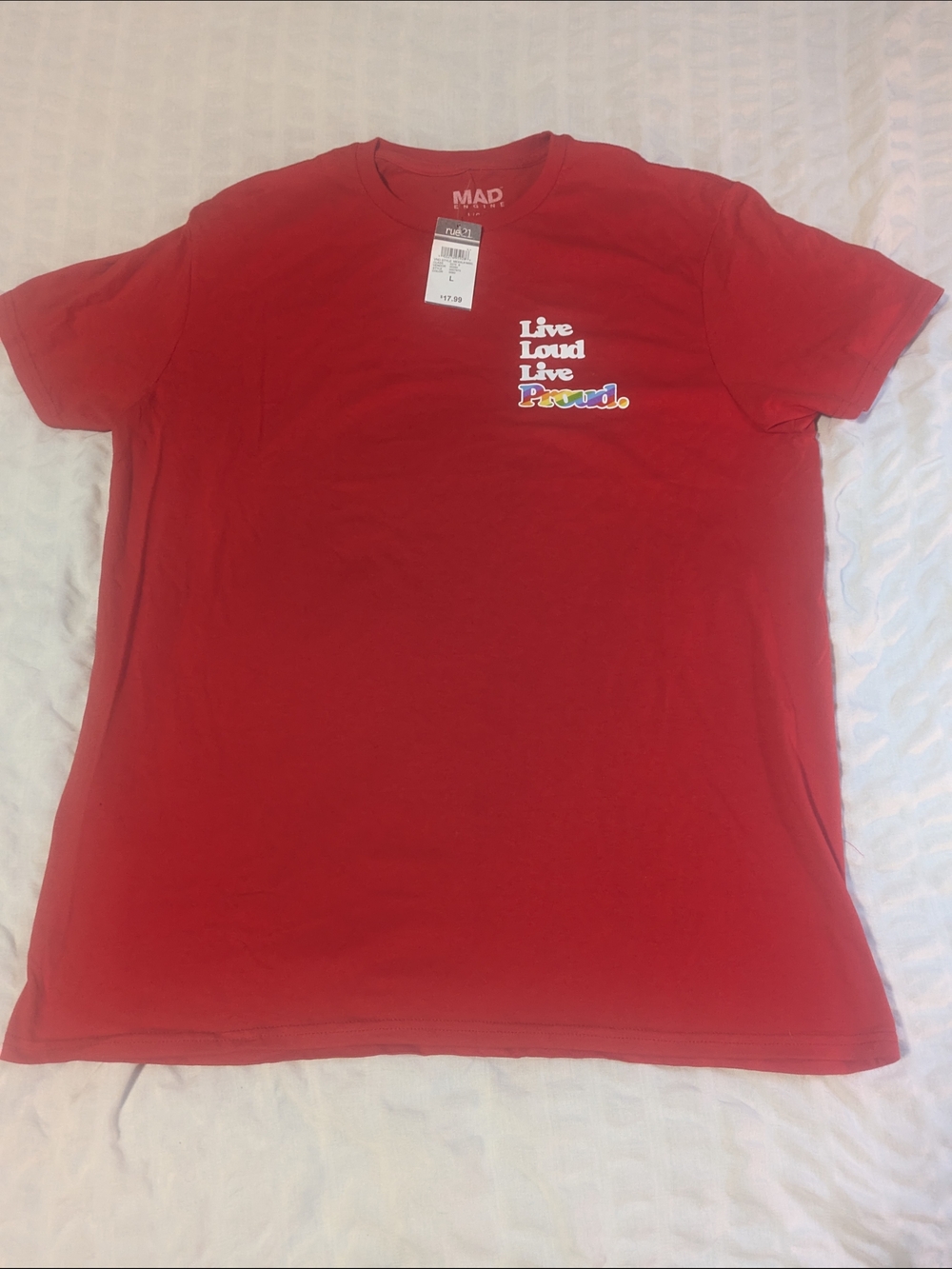Rue21 Red Short Sleeve Tee with 'Live Loud Live Proud' Rainbow Script